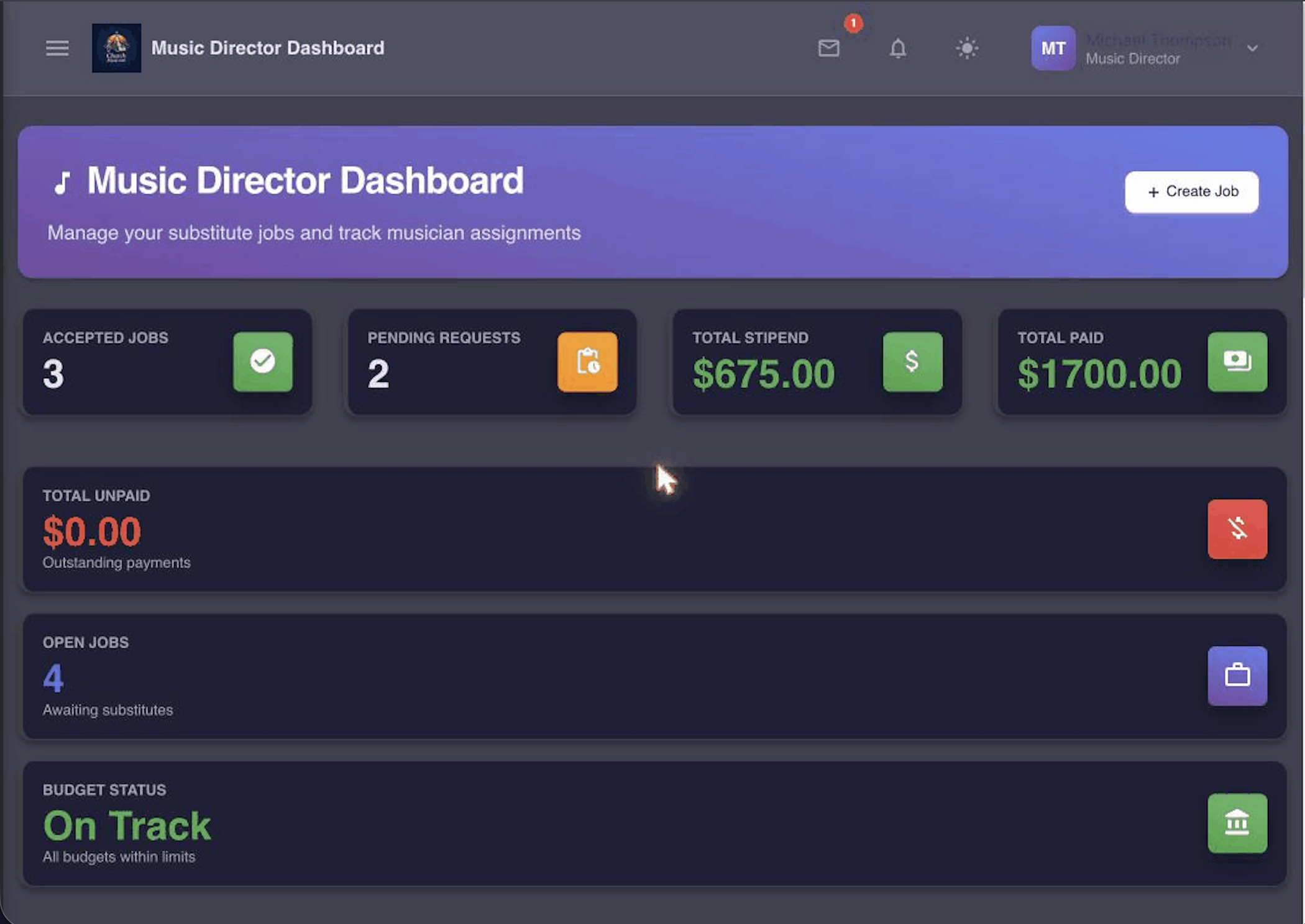 Music Director Dashboard showing accepted jobs, pending requests, stipend totals, and budget status