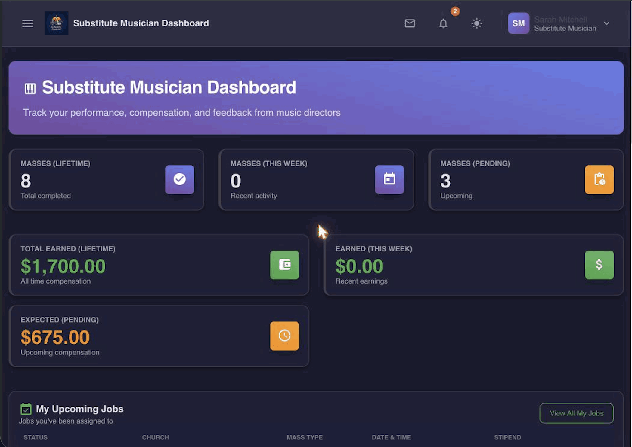 Substitute Musician Dashboard showing masses completed, lifetime earnings, and upcoming jobs