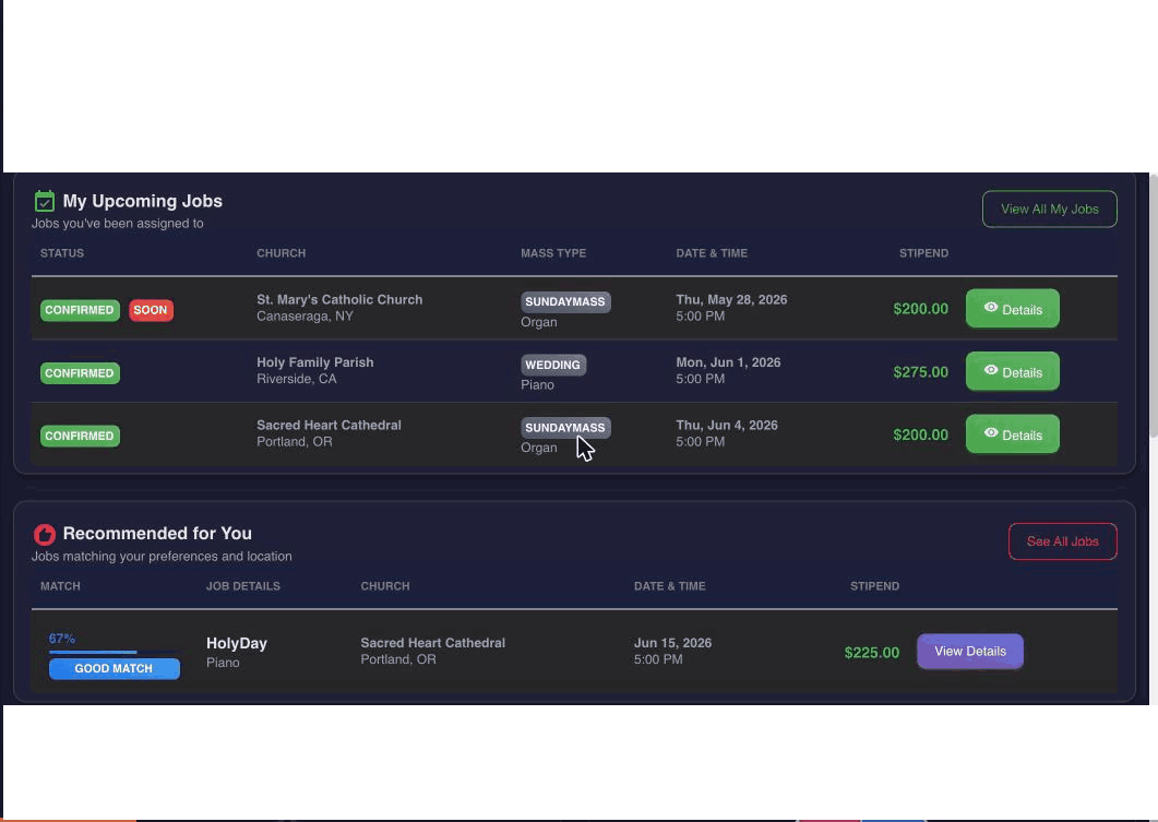 Upcoming confirmed jobs and AI-powered job recommendations matched to musician preferences